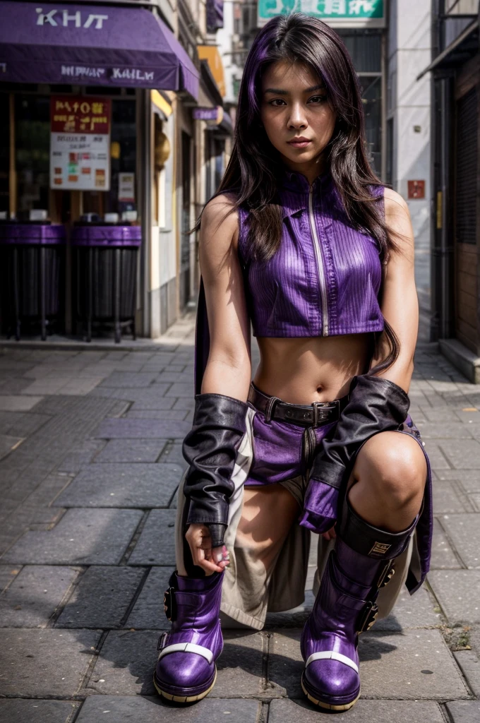 [[((young attractive Singaporean woman with strong Chinese Asian influence, a brown tanned complexion, long straight dark black hair, striking almond-shaped dark brown eyes, and a  frame:1.6)), ((Sophie Tan:1.5)), posing on a city street, wearing ((a black cropped top with white stripes, black high-waisted pants with buttons, and purple ankle boots:1.6)). She is striking a fashionable pose with one hand on her hip and the other adjusting her red sunglasses. The background features a bustling city street. The scene is captured with a ((full-frame DSLR:1.4)) using a ((50mm prime lens:1.4)) to keep Sophie in sharp focus while slightly blurring the background. Professional lighting enhances her natural features and the trendy outfit. The image should be in ((8K resolution:1.5)) with ((hyper-realistic detail:1.6)). The focus is on Sophie’s trendy street style, her confident pose, and the vibrant city setting.]]
