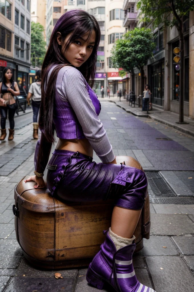 [[((young attractive Singaporean woman with strong Chinese Asian influence, a brown tanned complexion, long straight dark black hair, striking almond-shaped dark brown eyes, and a  frame:1.6)), ((Sophie Tan:1.5)), posing on a city street, wearing ((a black cropped top with white stripes, black high-waisted pants with buttons, and purple ankle boots:1.6)). She is striking a fashionable pose with one hand on her hip and the other adjusting her red sunglasses. The background features a bustling city street. The scene is captured with a ((full-frame DSLR:1.4)) using a ((50mm prime lens:1.4)) to keep Sophie in sharp focus while slightly blurring the background. Professional lighting enhances her natural features and the trendy outfit. The image should be in ((8K resolution:1.5)) with ((hyper-realistic detail:1.6)). The focus is on Sophie’s trendy street style, her confident pose, and the vibrant city setting.]]
