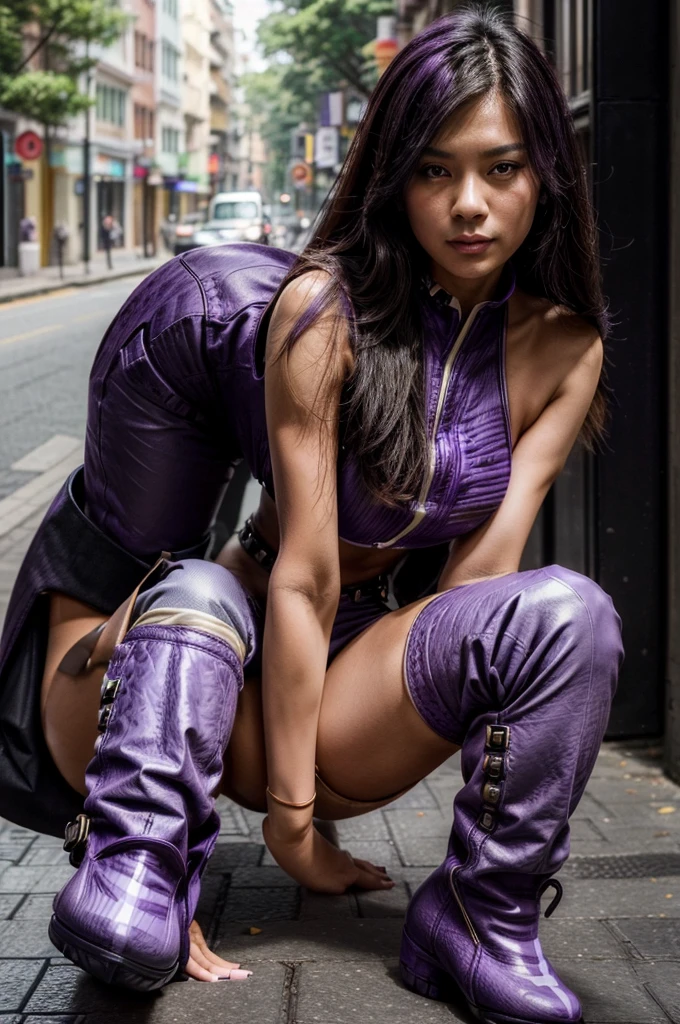 [[((young attractive Singaporean woman with strong Chinese Asian influence, a brown tanned complexion, long straight dark black hair, striking almond-shaped dark brown eyes, and a  frame:1.6)), ((Sophie Tan:1.5)), posing on a city street, wearing ((a black cropped top with white stripes, black high-waisted pants with buttons, and purple ankle boots:1.6)). She is striking a fashionable pose with one hand on her hip and the other adjusting her red sunglasses. The background features a bustling city street. The scene is captured with a ((full-frame DSLR:1.4)) using a ((50mm prime lens:1.4)) to keep Sophie in sharp focus while slightly blurring the background. Professional lighting enhances her natural features and the trendy outfit. The image should be in ((8K resolution:1.5)) with ((hyper-realistic detail:1.6)). The focus is on Sophie’s trendy street style, her confident pose, and the vibrant city setting.]]
