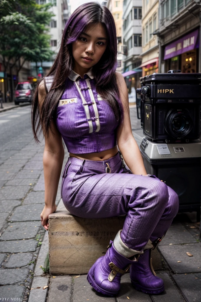 [[((young attractive Singaporean woman with strong Chinese Asian influence, a brown tanned complexion, long straight dark black hair, striking almond-shaped dark brown eyes, and a  frame:1.6)), ((Sophie Tan:1.5)), posing on a city street, wearing ((a black cropped top with white stripes, black high-waisted pants with buttons, and purple ankle boots:1.6)). She is striking a fashionable pose with one hand on her hip and the other adjusting her red sunglasses. The background features a bustling city street. The scene is captured with a ((full-frame DSLR:1.4)) using a ((50mm prime lens:1.4)) to keep Sophie in sharp focus while slightly blurring the background. Professional lighting enhances her natural features and the trendy outfit. The image should be in ((8K resolution:1.5)) with ((hyper-realistic detail:1.6)). The focus is on Sophie’s trendy street style, her confident pose, and the vibrant city setting.]]
