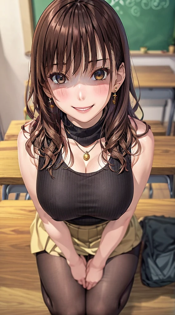 (Tabletop, Highest quality, High resolution, , Pixel perfect, 4K,), 1 girl, single, alone, Beautiful woman、I could see the whole body、 ((Wavy mid-hair, bangs, Brown Hair)), ((Brown eyes, Beautiful eyelashes, Realistic eyes)), ((Detailed face, blush:1.2)), ((Smooth texture:0.75, Realistic texture:0.65, Realistic:1.1, Anime CG style)), Huge breasts, Dynamic Angle, Perfect body, ((, female teacher, , Earrings、necklace、Beige sleeveless turtleneck sweater、Tight Skirt、Black knee-high stockings、、A shy smile)), Superior、、、evening、、Bring your arms together to emphasize your chest、Hold the necklace between your chest、(、()、Angle from below)、Grin、With a creepy smile, A smile with downturned corners,View your audience, blush, Open your mouth,Please place your hand on your chest