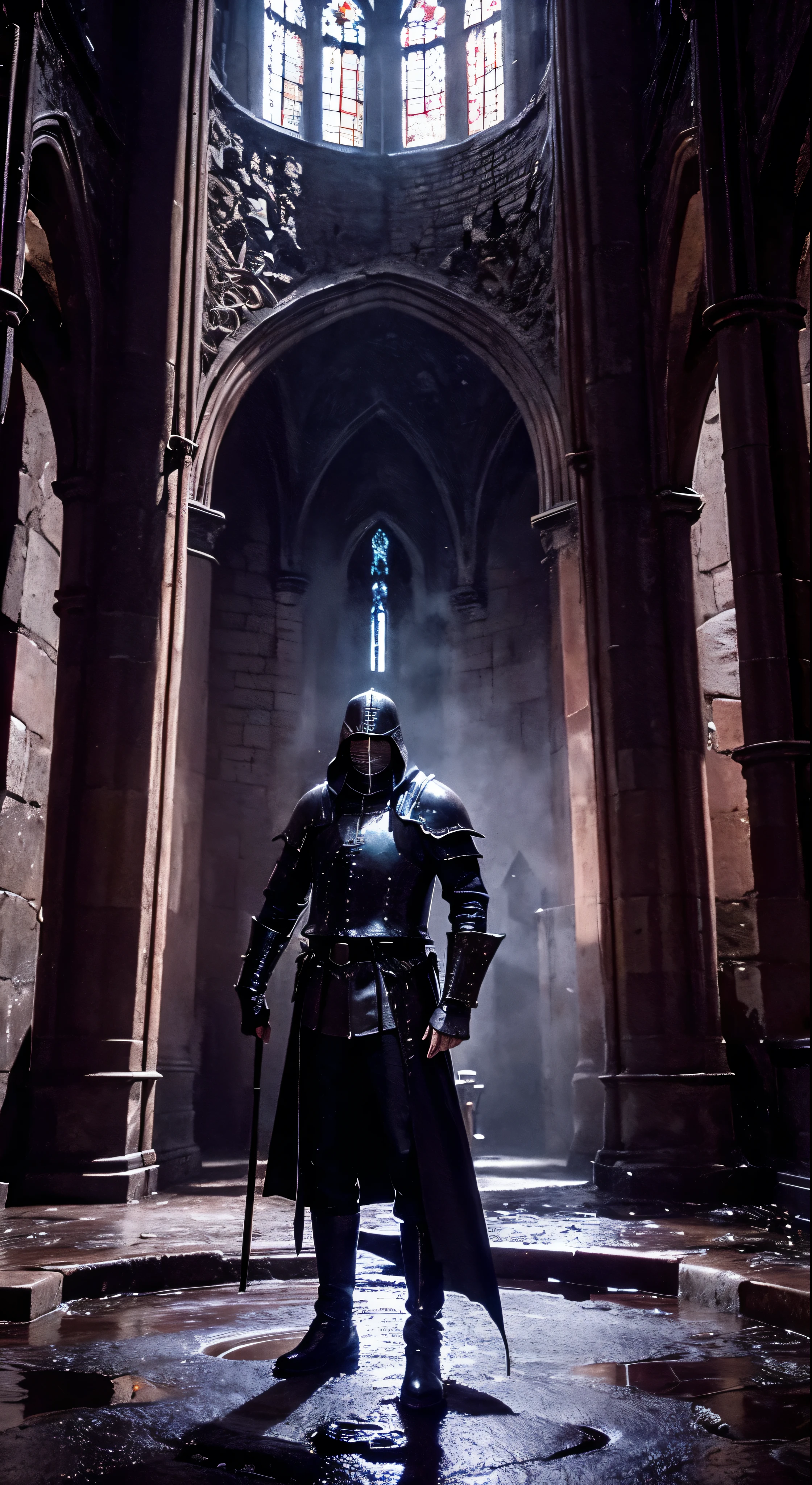 fisheye lens, portrait photo of medieval knight standing inside a gothic church, wet stone, puddles, infinite vaults, bloodborne, dramatic light, low key, candle light