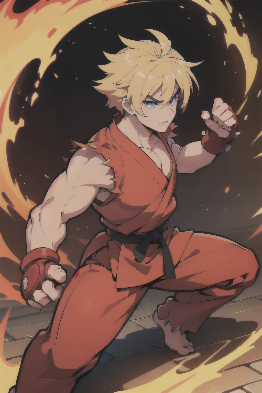 Ken Masters, street fighter, detailed facial features, piercing eyes, full lips, spiky hair, red martial arts uniform, dynamic fighting pose, full body shot