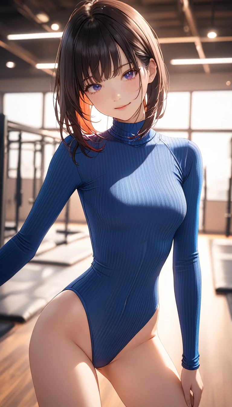highquality illustration, masterpiece, very delicate and beautiful, attractive girl,(colorful leotard, heattech leotard,tight leotard,long_sleeve leotard,ribbed leotard,high_leg leotard,turtleneck leotard), thin,slender body,slim,gymnastics club,gymnastics athlete,bare legs,gymnasium background,beautiful eyes, light smile,(masterpiece, best quality:1.2), highres, extremely detailed CG unity 8k wallpaper, perfect lighting, Colourful, ultra-high res,4K,ultra-detailed, photography, 8K, HDR,  17 ages,cowboy shot,