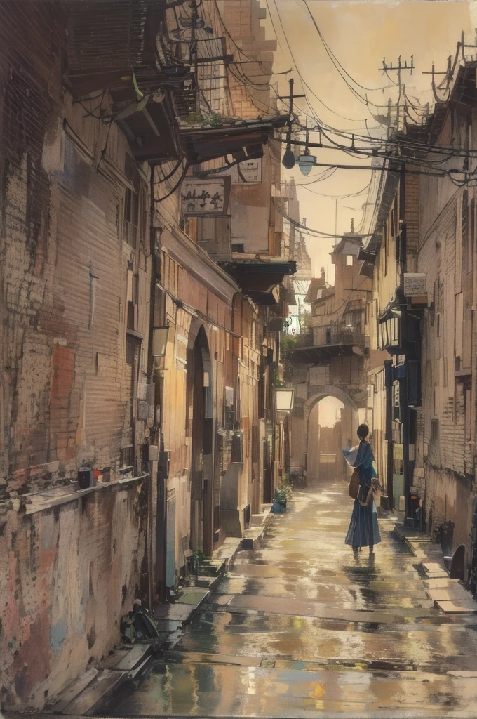 Cityscape at dusk. Beige clay walls and light roof. Depressive person々walks.
Artists use blotting ink、The boundaries of the painting are blurred, Combination with delicate brushwork、Expressing the details of a painting. Incredibly beautiful. Beautiful expression of the shades of black ink.