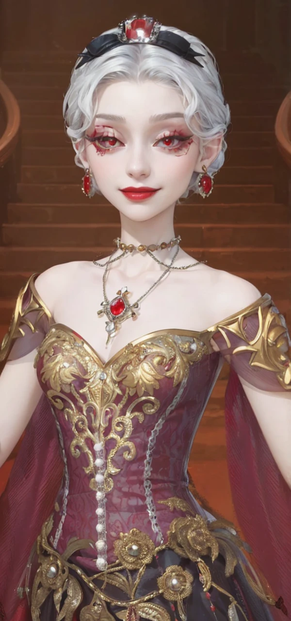 (masterpiece, top quality, best quality, official art, enchanting and aesthetic:1.2), 1female, white silver hair, red eyes, black jacket, red tube top, jewelry, tired, smirk smile, red lipstick, make up, high quality eyes, high quality lips, palace background, red jewelry