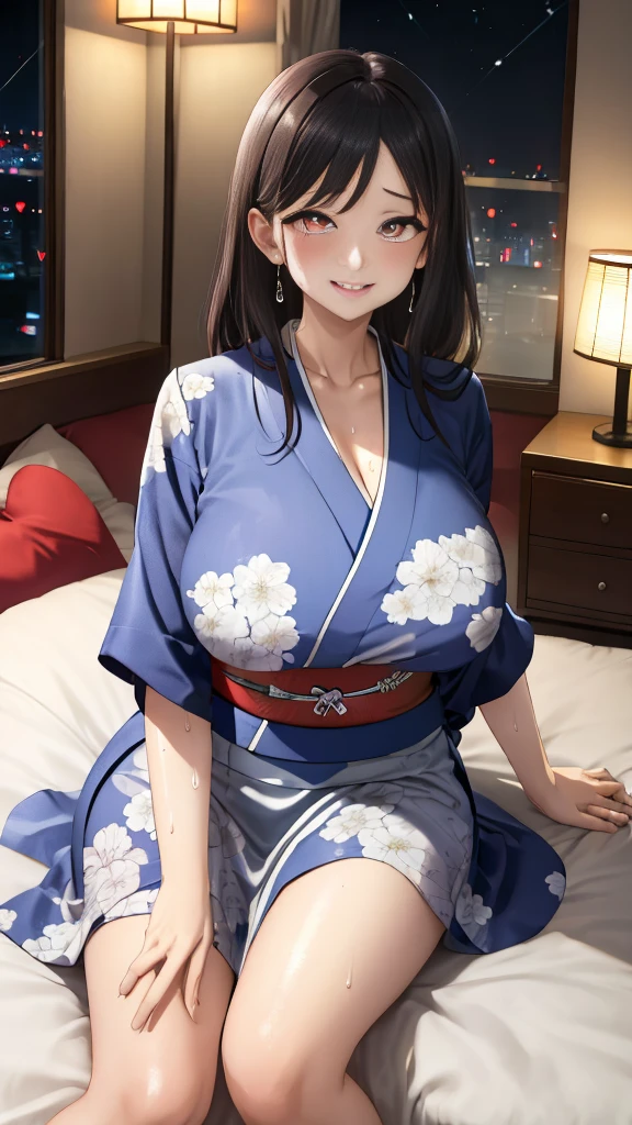 Highest quality、Highest quality、masterpiece、High-end、
,
(kimono:1.28),Heart-shaped pupils、
smile,Mouth closed,
Lady,Mature Woman, Cowboy Shot,
(Dark Room:1.5, Love hotel beds in Japan:1.5, Detailed Background:1.18),
High resolution,Official Art,original,masterpiece,Highest quality, reality、
(Huge breasts),
 (Oily skin),((vapor,Sweat))
Lying on the futon in a sexy pose、Lie down with your legs apart