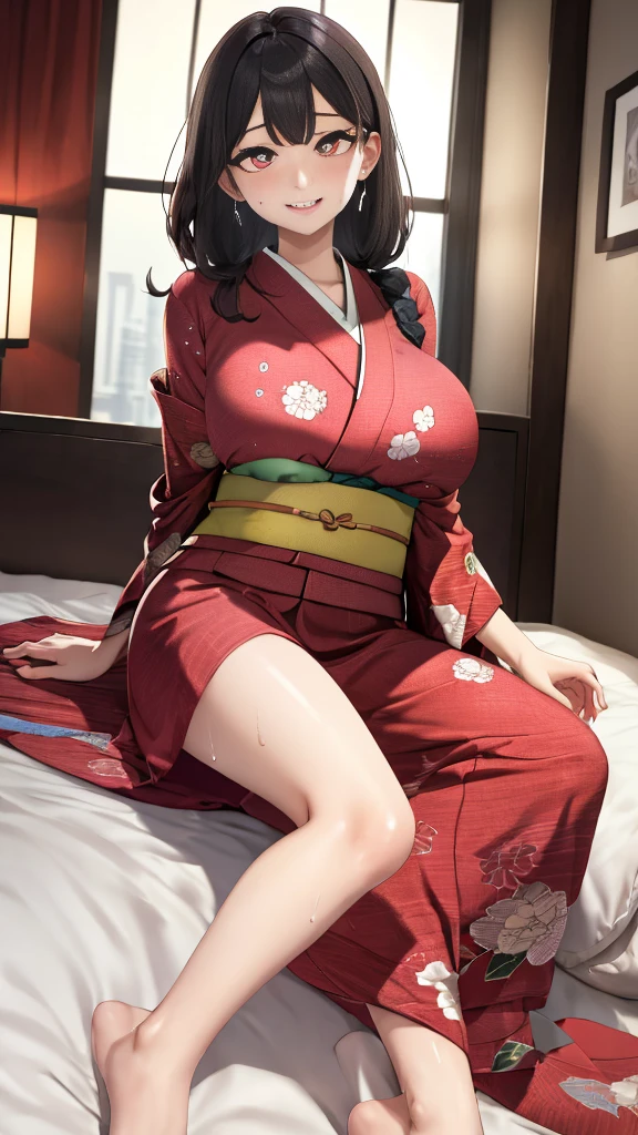 Highest quality、Highest quality、masterpiece、High-end、
,
(kimono:1.28),Heart-shaped pupils、
smile,Mouth closed,
Lady,Mature Woman, Cowboy Shot,
(Dark Room:1.5, Love hotel beds in Japan:1.5, Detailed Background:1.18),
High resolution,Official Art,original,masterpiece,Highest quality, reality、
(Huge breasts),
 (Oily skin),((vapor,Sweat))
Lying on the futon in a sexy pose、Lie down with your legs apart