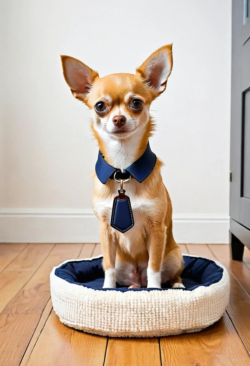 I want you to make me a light brown deer head Chihuahua dog with a navy blue collar sitting , winged this 1 1 and a half month old orange kitten with white paws sitting , a little orange cat sitting , a black and orange kitten sitting , everyone sitting on a pet bed in a room with a dark wooden floor and white wall , and this is also a semi modern gray wardrobe REMEMBER THAT IT IS WITH THE KITTENS AS I DESCRIBED THEM TO YOU