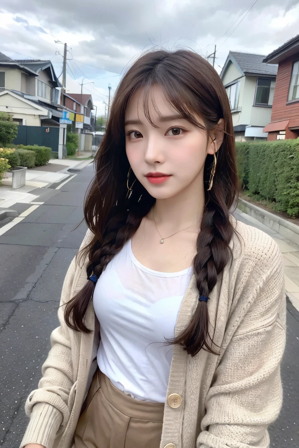 (Realistic, High Resolution: 1.3), 1 Girl with Perfect Body, H1-KEY HWISEO, 45 years old, ((h1-key hwiseo)), A young woman wearing a , with braided hair and a cardigan, is walking down a suburban street. She has a cheerful and engaging expression. The background features residential houses and utility poles, with a slightly overcast sky creating a soft and calm atmosphere.