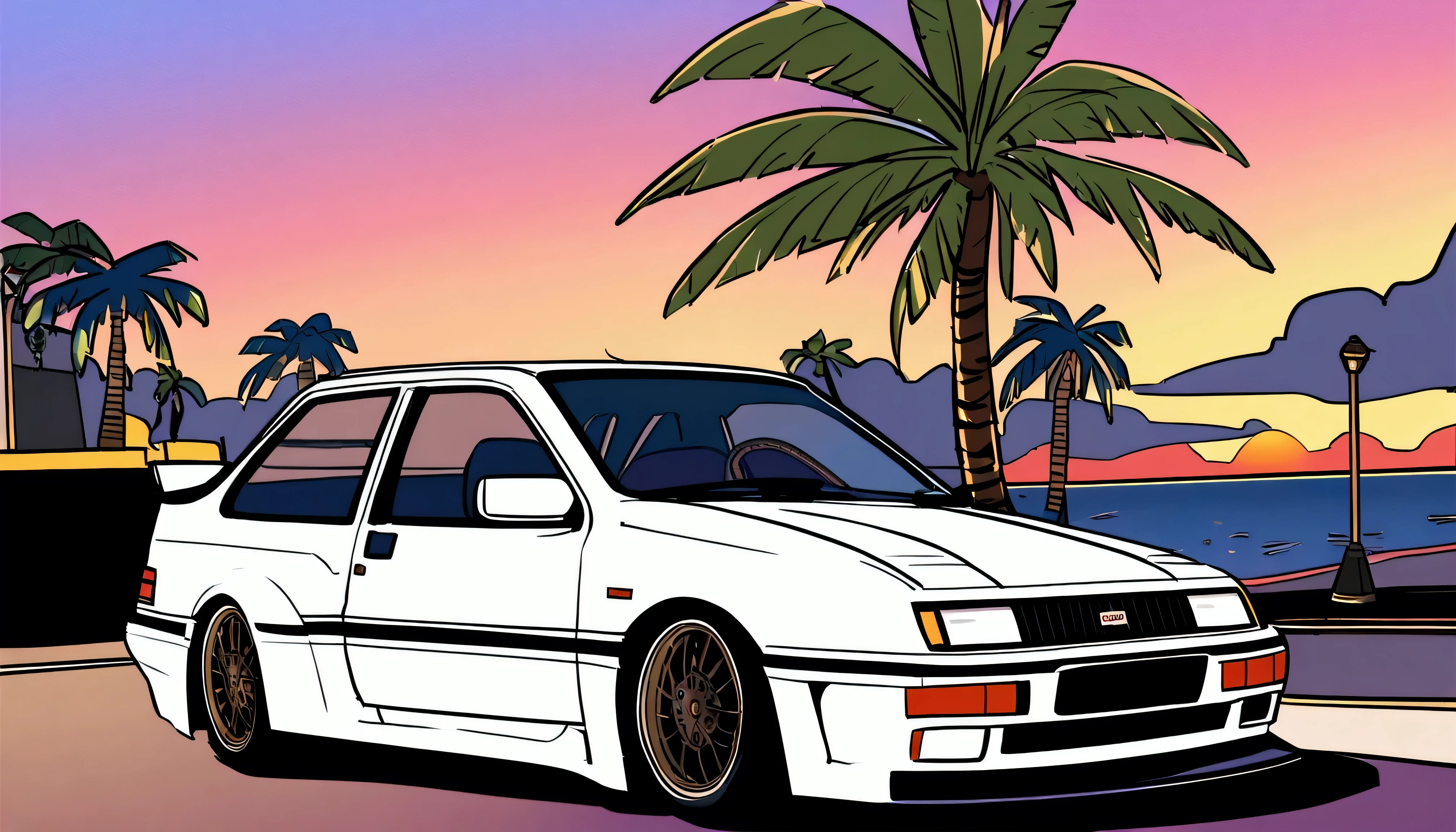 ((Sticker design)), Ford Sierra RS Cosworth(1985), Sunset background, Palm tree, Layers with 5 colors, Corner Street, Belek's Drums, Plethean,