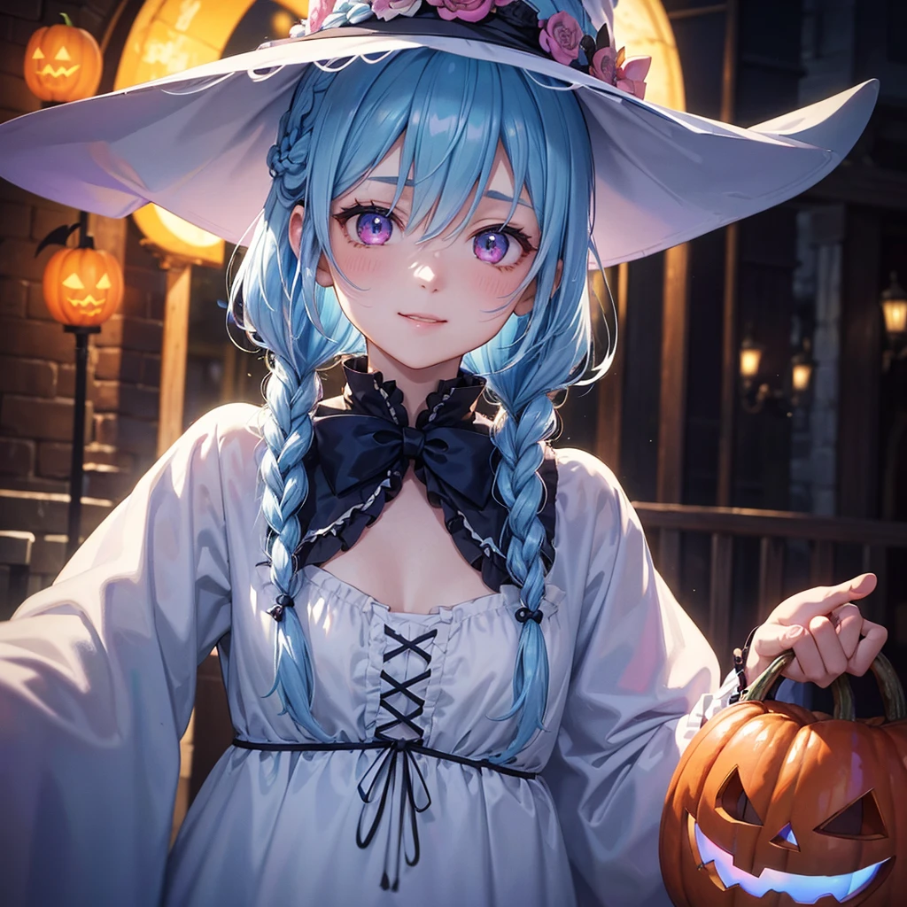 (Light blue medium hair),(Braided hair tied together)、Pink eyes、Fair skin、cowboy shot、Halloween、The background is a pumpkin ghost、Trick or Treat、A lot of sweets、witch、Halloweenナイトパーティー、Candy、Cosplay、A surprising smile、solo、(masterpiece、Highest quality、Very detailed、Best Shadow)、(Detailed Background)、(Beautifully detailed face)、High contrast、(Best lighting、Very delicate and beautiful)、(Cinematic Light)、colorful、Hyper Detail、Dramatic Light、Exquisite detail、