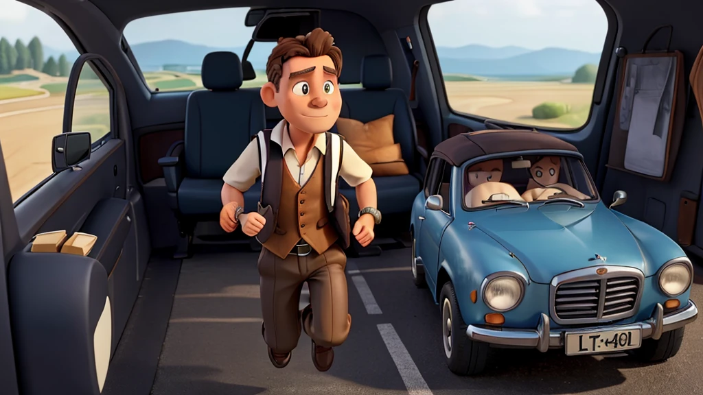 poor man with ginda vest, running behind a car, A rich man is traveling in that car, that looks out the window