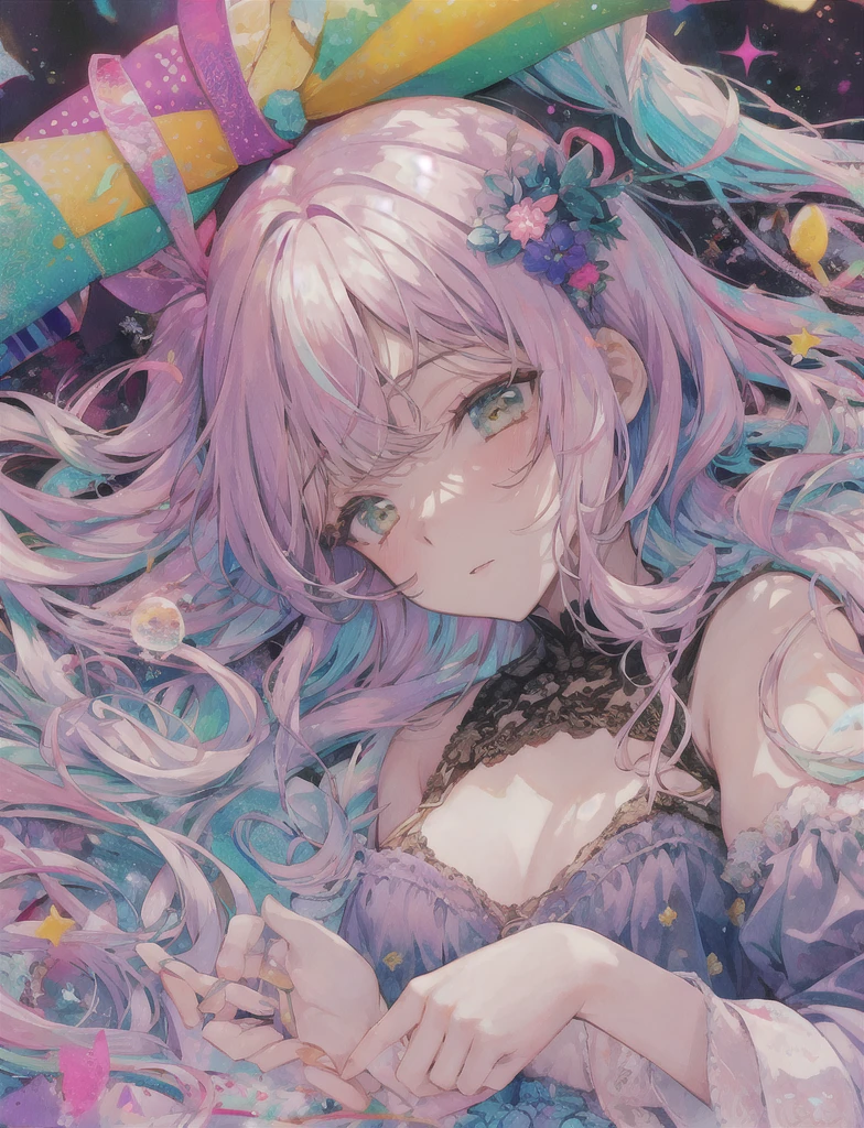 it has been, dreamy cute, pale, Haze, (masterpiece, Highest quality, Highest quality, watercolor (Moderate), Upper Body, kiss, Lesbian, Lolita Fashion, pattern, break, (Rainbow Hair: 1.2), break, Soap bubble, Rainbow behind, cloud, colorful, Soap bubble, Spread throughout, cute, pastel, cute room, Rainbow Unicorn Plush Toy, Sleeping in bed