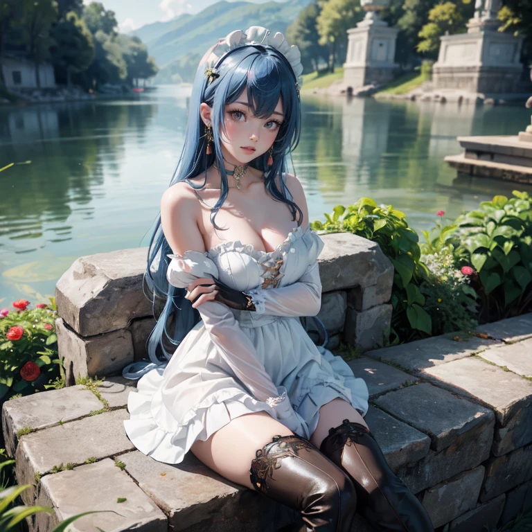 1girl, maid dress, jewelry, blue hair, flowing hair, long hair, white roses, red horns, firefly, oriental architecture, maid dress with a short skirt and layers, frills, white laces, dress with transparency, gold details on her clothes, lake, seat on the water, a garden with lake scenery, more details, perfectly body, perfectly hands, two hands, two legs, two arms, five fingers, glowing hair, solo, alone, best quality, alone, maid headdress, choker, detached sleeves, maid dress, maid dress, strapless, masterpiece, best quality, detailed face, night, asymmetrical gloves, bangs, short skirt , gloves, boots, earrings, elbow gloves, fishnet thigh highs, fish masterpiece, solo, best quality, detailed face, gloves, hair between eyes, jewelry, long hair, looking at viewer, single earring, sky, solo, thigh boots, thigh highs, uneven gloves, sitting