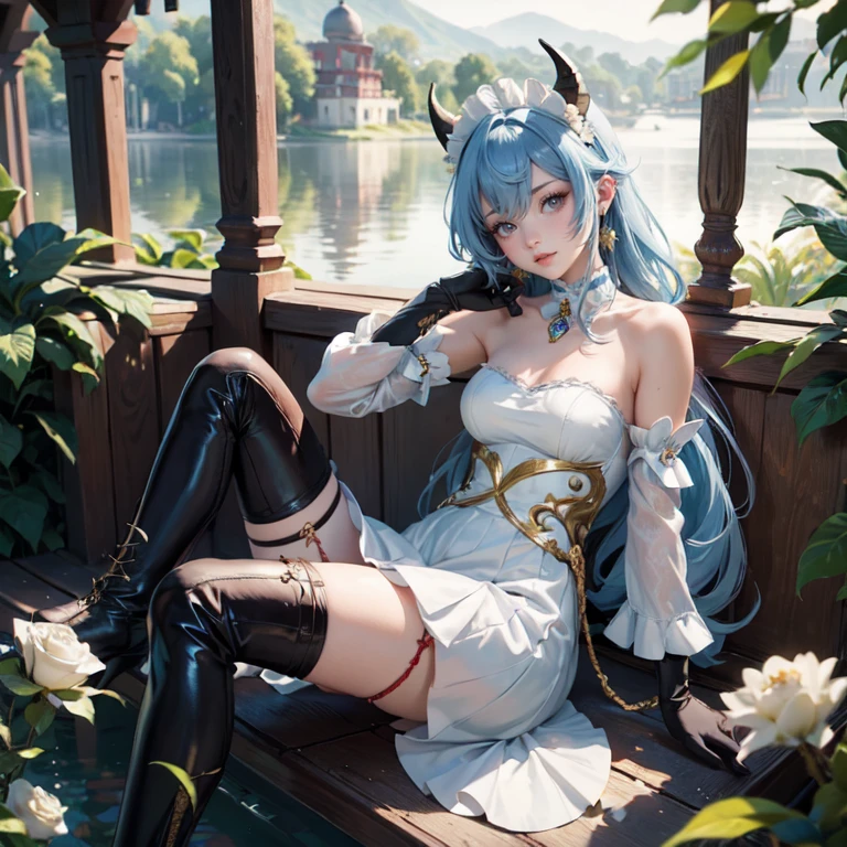 1girl, maid dress, jewelry, blue hair, flowing hair, long hair, white roses, red horns, firefly, oriental architecture, maid dress with a short skirt and layers, frills, white laces, dress with transparency, gold details on her clothes, lake, seat on the water, a garden with lake scenery, more details, perfectly body, perfectly hands, two hands, two legs, two arms, five fingers, glowing hair, solo, alone, best quality, alone, maid headdress, choker, detached sleeves, maid dress, maid dress, strapless, masterpiece, best quality, detailed face, night, asymmetrical gloves, bangs, short skirt , gloves, boots, earrings, elbow gloves, fishnet thigh highs, fish masterpiece, solo, best quality, detailed face, gloves, hair between eyes, jewelry, long hair, looking at viewer, single earring, sky, solo, thigh boots, thigh highs, uneven gloves, sitting