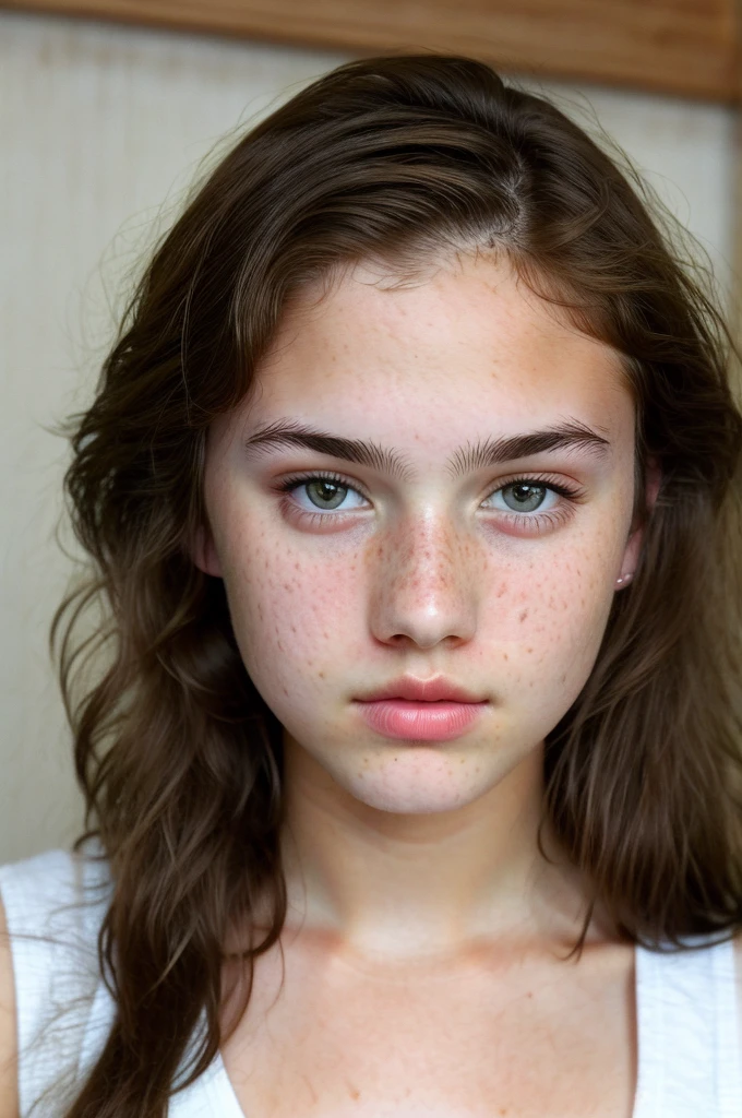 really pretty 18 years old girl. Brown hair. Innocent face. Straight looking to the camera. Facing the camera. Light brown eyes. Freckles. Unique face