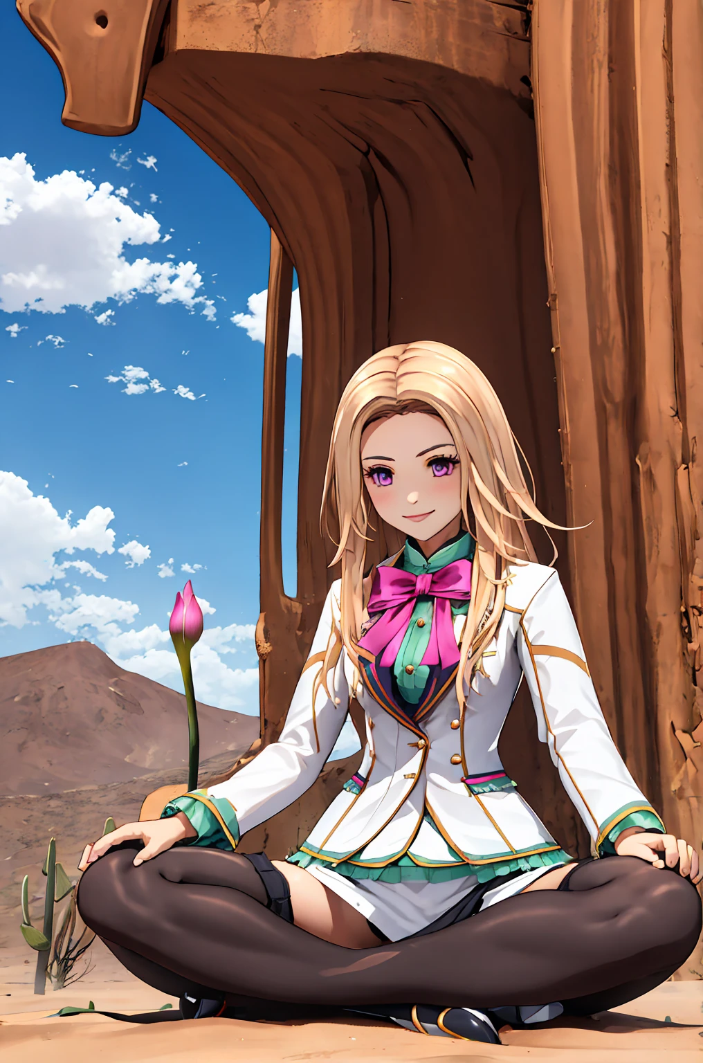 Highest quality, (Tabletop:1.2), figure, Absurd,   
(One Girl), (alone), (Beautiful detailed girl), whole body, 
Blonde, Long Hair, Swept-apart bangs, amount, Purple eyes, Medium chest,
White suit, Green undershirt, Green ruffles, (White mini skirt:1.5), Pink Ribbon, black_pantyhose, High heels, (((Indian Style, lotus position、Sit on the ground))), ((Skirt rip, Showing panties)), ((Panties under pantyhose)),
View your viewers, smile,
desert, sun, Sky Porn,