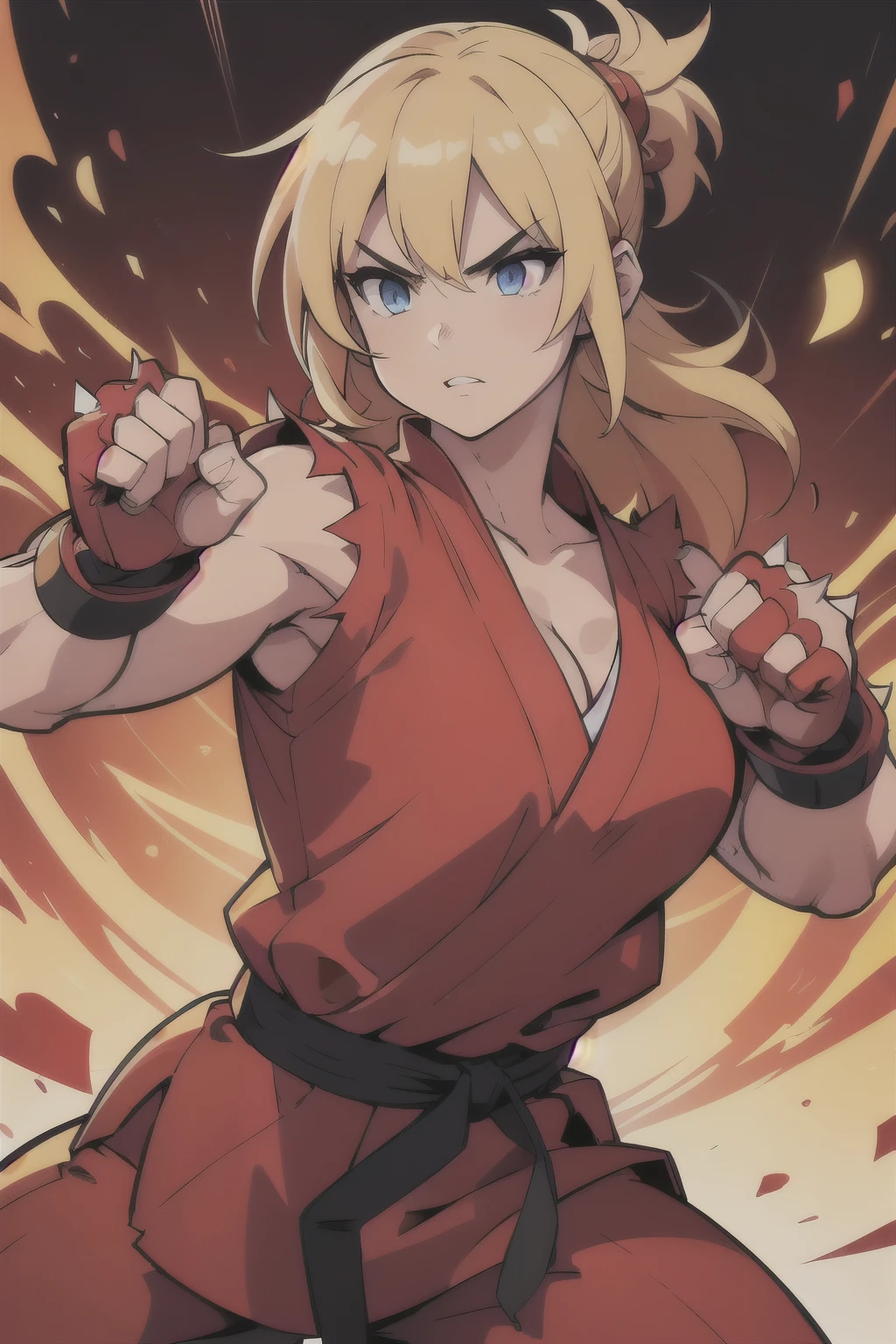 Ken Masters, street fighter, woman, detailed facial features, piercing eyes, full lips, spiky hair, red martial arts uniform, dynamic fighting pose, full body shot