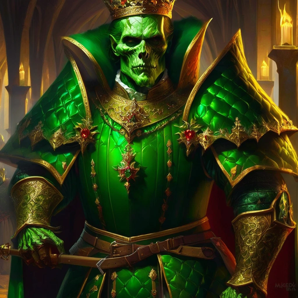 medieval portrait of the zombie king, green royal clothing, armors, undead, fancy, trends on ArtStation, art by Mike Azevedo and Alex Negrea