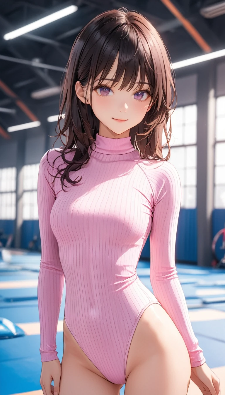 highquality illustration, masterpiece, very delicate and beautiful, attractive girl,(colorful leotard, heattech leotard,tight leotard,long_sleeve leotard,ribbed leotard,high_leg leotard,turtleneck leotard), thin,slender body,slim,gymnastics club,gymnastics athlete,bare legs,gymnasium background,beautiful eyes, light smile,(masterpiece, best quality:1.2), highres, extremely detailed CG unity 8k wallpaper, perfect lighting, Colourful, ultra-high res,4K,ultra-detailed, photography, 8K, HDR,  17 ages,cowboy shot,