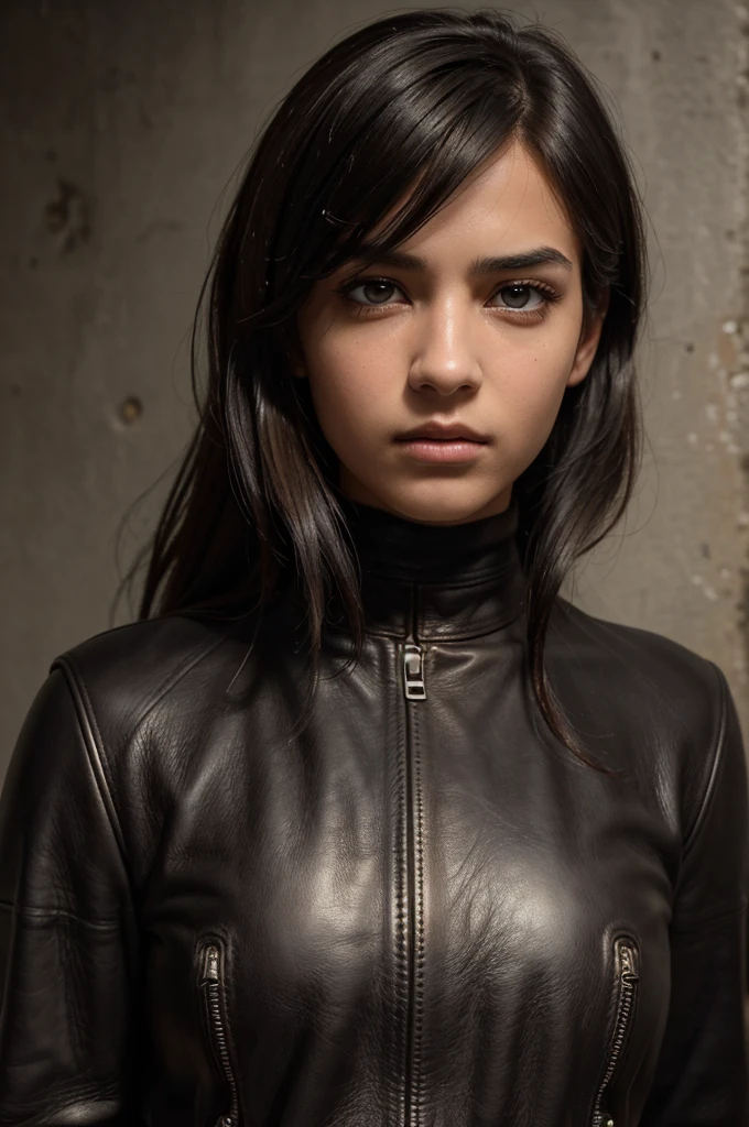 8k,Best Quality, Masterpiece, ultra high resolution, (photorealistic:1.4), photo and gross, (Genuine leather texture:1.3), (film grain:1.3),1 girl,beautiful, 24 year old woman with a height of 1,78 meters. He has black hair and a well-developed figure.. His eyes are black and cold, and his expression is indifferent.