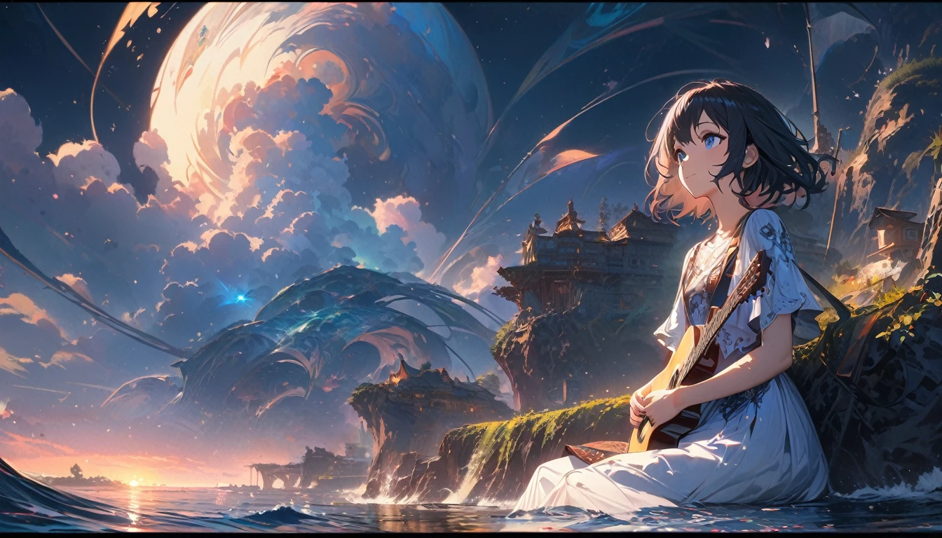 beautiful 1girl, solo, gentle smile on her face flat chest, short hair, black hair, blue eyes, Beautiful depiction,, Sunset Serenade by the Sea,focus on landscape,Landscape painting,The girl is playing the guitar while looking up at the sky,Masterpiece of a girl in playing the guitar,bestquality,high resolution,extra limbs,missing limb,extra digit,fewer digit,missing digit,missing fingers,fused fingers,mutated hands and fingers,immersed in a peaceful night scene, 4K high-definition digital art, with ultra-detailed digital paintings, capturing every texture and nuance in 4K, Beautiful art UHD 4K, showcasing great art style and dreamy digital painting, calm night setting, intuitive details, anime art wallpaper enhancing your space, 1 girl, lost in her music, highly detailed digital painting, 4K high-definition, intricately rendered uniform, sitting on the breakwater, watching the tranquil water, great lighting complementing the scene, 4K detailed digital art, highly detailed digital painting, capturing every emotion and