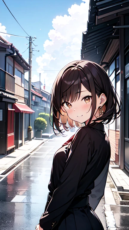 Let's think step by step,Highest quality, masterpiece, Ultra-high resolution, 8k,Show anime style ,Soft Line Art, Digital Enhancement, shojo anime touch, shojo manga core, Flowing fabric, close, Soft Drawing, Ultra-Definition Digital Anime Art, Clear facial depiction, Super detailed girl cartoon character art, Ultra-detailed manga style, Highest qualityの色, (((1People Women))),(A woman with short brown hair),Beautiful brown hair, (((Clear brown eyes))), Slightly chubby,Small breasts,The butt is small, Summer clothes,The rain has stopped and the sun is shining through the gaps in the clouds.,Looking up at the sky,The sunshine hits my face,Block the sunlight with your right hand,Bright expression,A kind smile