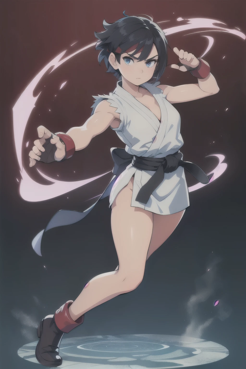 (masterpiece, best quality:1.2), expressive eyes, perfect face, highres, 1girl, solo, ryu, (female:1.5), black hair, short hair, dougi , fingerless gloves, headband, standing pose, hadouken pose, looking at the viewer, fullbody shot, sfw