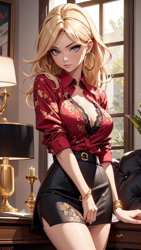 (Masterpiece), (4k), ) (vivid colors), (evening light) 40 year old blonde woman, egocentric and egotistic, dressed as a successful businesswoman with a seductive but superior look and pose, dressed in a low-cut red blouse through which part of her white lace bra protrudes, a short black floral skirt in the living room of her hornse with some earrings golden hoop, some gold bracelets and a gold neck choker