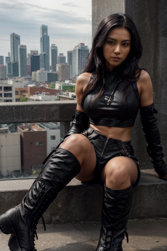 [[((young attractive Singaporean woman with strong Chinese Asian influence, a brown tanned complexion, long straight dark black hair dyed red, striking almond-shaped dark brown eyes, and a  frame:1.6)), ((Sophie Tan:1.5)), standing on a rooftop, wearing ((a black crop top with straps, black high-waisted pants with zippers, and black combat boots:1.6)). She is striking a confident pose with both hands on her hips. The background features a panoramic city skyline. The scene is captured with a ((full-frame DSLR:1.4)) using a ((50mm prime lens:1.4)) to keep Sophie in sharp focus while slightly blurring the background. Professional lighting enhances her natural features and the edgy outfit. The image should be in ((8K resolution:1.5)) with ((hyper-realistic detail:1.6)). The focus is on Sophie’s trendy street style, her confident pose, and the urban rooftop setting.]]
