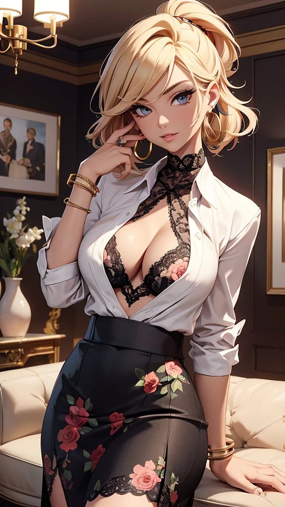 (Masterpiece), (4k), ) (vivid colors), (evening light) Blonde 40-year-old woman with extravagant and striking hairstyle, egocentric and egotistic, dressed as a successful MILF businesswoman with a seductive but superior look and pose, dressed in a low-cut red blouse through which part of her white lace bra protrudes, a short black floral skirt in the living room of her house, very horny with gold hoop earrings and gold bracelets