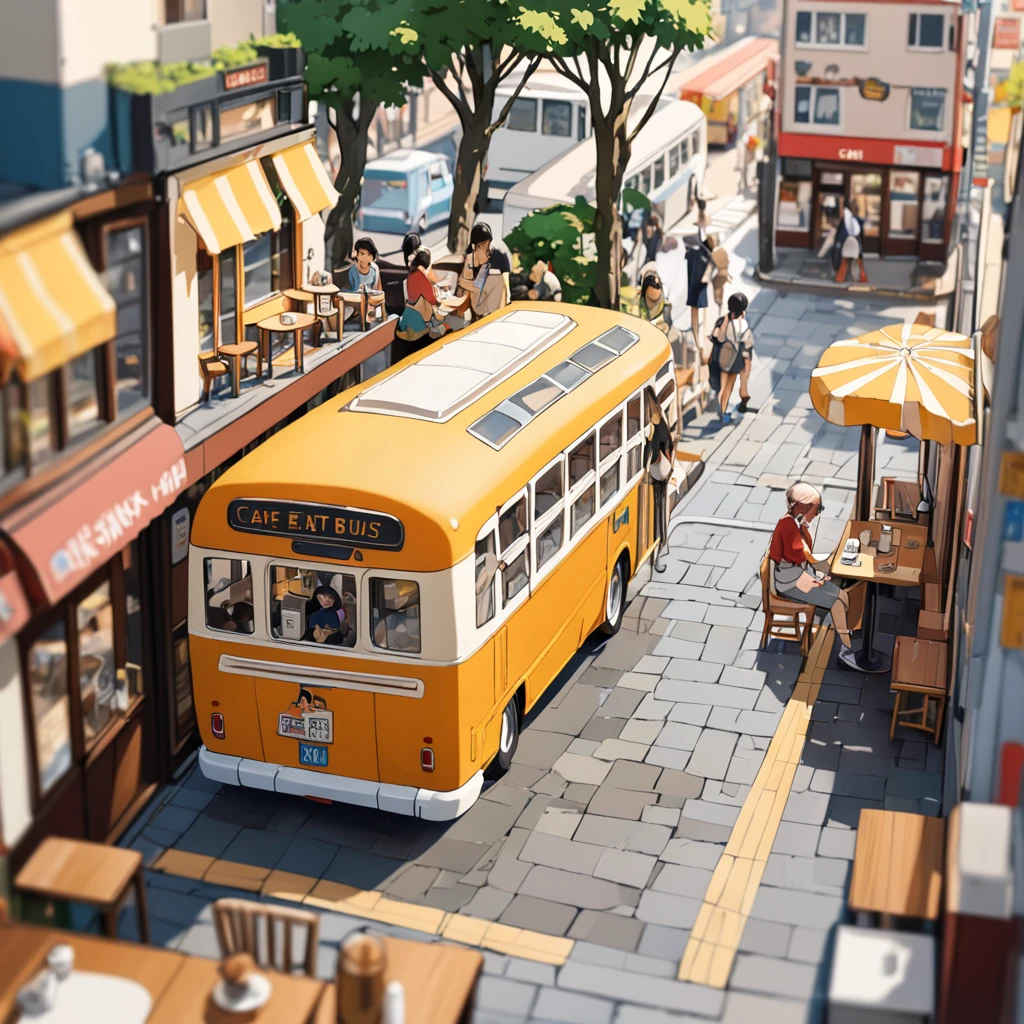 ((Tilt Shift Photo)), (((Cafe next to the bus))), ((anime:1.4,figure)),(masterpiece, Highest quality, Highest quality),(Very detailed, The absolute solution),((16K, High resolution)). break {Lofi Art, Laurie Griesley's style, Makoto Shinkai&#39;s Style, anime aesthetic}