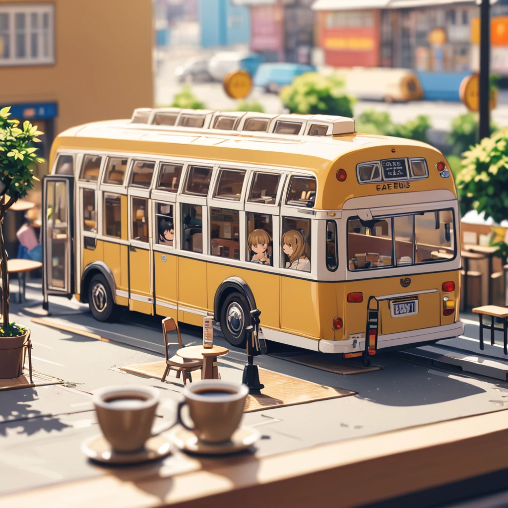 ((Tilt Shift Photo)), (((Cafe next to the bus))), ((anime:1.4,figure)),(masterpiece, Highest quality, Highest quality),(Very detailed, The absolute solution),((16K, High resolution)). break {Lofi Art, Laurie Griesley's style, Makoto Shinkai's Style, anime aesthetic}