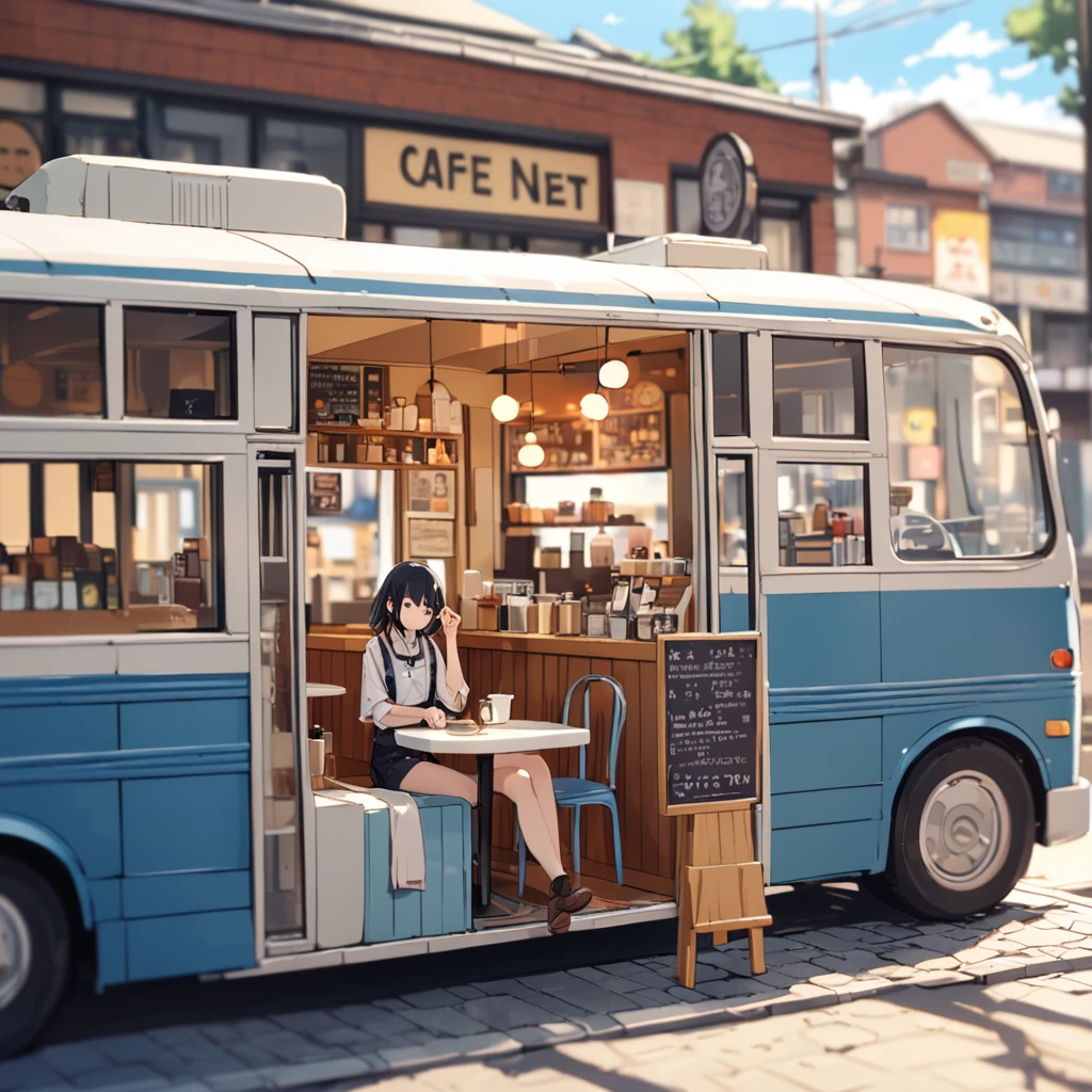 ((Tilt Shift Photo)), (((Cafe next to the bus))), ((anime:1.4,figure)),(masterpiece, Highest quality, Highest quality),(Very detailed, The absolute solution),((16K, High resolution)). break {Lofi Art, Laurie Griesley's style, Makoto Shinkai&#39;s Style, anime aesthetic}