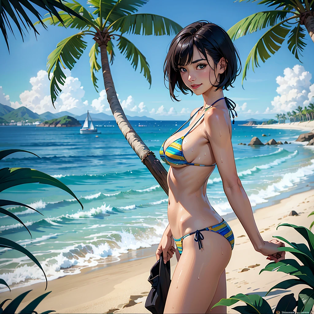 ((highest quality, masterpiece, High resolution)), ((reality)),Photos of beautiful Japanese women,((anime art))、 (((1 girl))), normal size breasts, slim body shape, medium short hair, double eyelid, Wet see-through micro bikini, A pareo with bold ethnic patterns and plenty of primary colors、realistic skin、Wet,whole body,cinematic light、tropical、Against the background of palm trees on both sides、on a sunny beach、With the sea in the background、blur background、smile