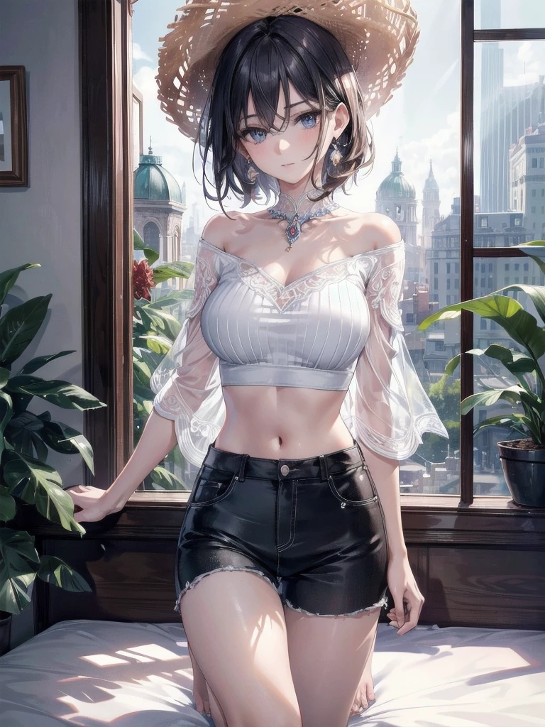 absurdres, RAW photo, extremely delicate and beautiful, masterpiece, Best Quality, ultra high resolution, 32k, hyperrealistic, ultra-detailed, perfect anatomy, super Detailed skin, perfect figure, Super Beauty, Perfect Style, Perfect balance, Beautiful Lighting, Perfect Lightning, Realistic Shadows, 20 years old, very Slim body, narrow waist, very small head, very small face, delicate facial features, handsome detailed woman, very detailed eyes and face, realistic face proportions, Realistic beautiful face, Realistic beautiful eyes, tearful mole, earring, very huge round breasts, legs, medium hair, asymmetrical hair, full body shot, indoor, blouse, bare collarbone, midriff, shorts, straw hat,