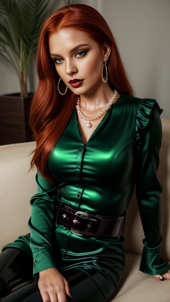 (1girl:1.34), (face and upper body view: with face and hair fully visible:2.3), (solo), (realistic photography), (elegant redhead dominant woman sitting on a couch wearing formal dark green shiny long sleeved satin collared dress strictly buttoned all the way up with puff and ruffles:2.3), (wears one long sleeved dark green collared satin dress:2.2), (wears one large black pvc belt with silver buckle :1.72), (her left hand caresses her belt:1.71), (wears one pearl necklace:1.63), (her right hands caresses her necklace:1.62), (wears long black glossy patent leather trousers:1.5), (looking at the camera with intense dominant eyes:1.44), (long straight red hair:1.43), (asymetric hairstyle:1.42), (clear white skin:1.41), (brown eyes:1.34), (latina type eyes:1.33), (slim body, medium breasts:1.32), heavy sophisticted make-up, deep dark eye shadow, thick lips, (dark shiny glossy lipstick:1.25), hourglass figure, seductive face, large round hoop silver earrings, soft volumetric lights, intricate details, (ArtStation:1.2),