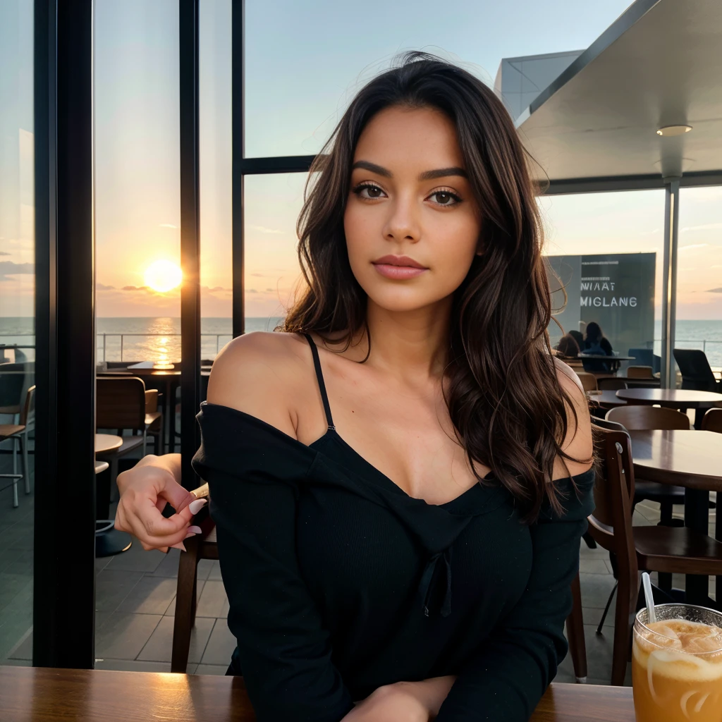 Belle brune portant un haut noir (in a modern cafe at sunset), very detailede, 21 ans, visage innocent, Hispanic, tetas grandes, natural wavy hair, green eyes, high resolution, head of'artwork, best quality, intricate details, very detailed, mise au point nette, detailed skin, texture de peau realistic, texture, detailed eyes, professionnel, 4K, charming smile, filmed in Canon, 85 millimeters, shallow depth of field, Kodak Vision Color, corps parfaitement ajusté, extremely detailed, Photograph_\(ultra\), photorealistic, realistic, Post-traitement, maximum details, roughness, real life, ultra realistic, photorealism, photographie, 8k uh, photographie, bare shoulder, très-petit décolleté, sans sous-vêtement, sexly, flirts with the camera, regarde sexly, regard directement la camera, with uncovered face, ne porte pas de sous vetements, mamelon visible sous le t-shirt,