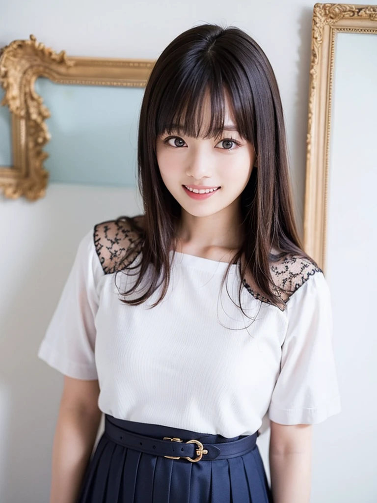 Highest quality、８ｋ、oil、Bust Shot、Frame In、Pure white wall background、woman１people、high school student、Sailor suit、Short sleeve、Black pleated skirt、mini skirt、Hands on hips、smile、Brown Hair、Bob Hair、