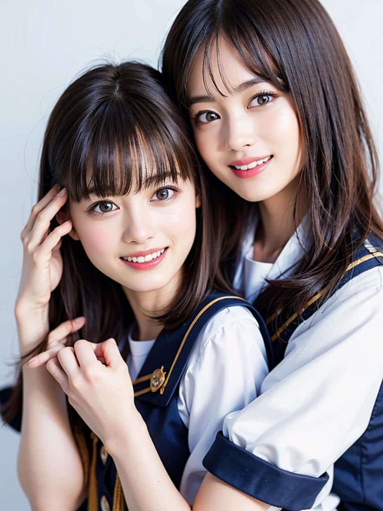Highest quality、８ｋ、oil、Bust Shot、Frame In、Pure white wall background、woman１people、high school student、Sailor suit、Short sleeve、Black pleated skirt、mini skirt、Hands on hips、smile、Brown Hair、Bob Hair、