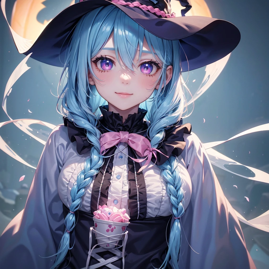 (Light blue medium hair),(Braided hair tied together)、Pink eyes、Fair skin、cowboy shot、Halloween、The background is a pumpkin ghost、Trick or Treat、A lot of sweets、witch、Halloweenナイトパーティー、Candy、Cosplay、A surprising smile、solo、(masterpiece、Highest quality、Very detailed、Best Shadow)、(Detailed Background)、(Beautifully detailed face)、High contrast、(Best lighting、Very delicate and beautiful)、(Cinematic Light)、colorful、Hyper Detail、Dramatic Light、Exquisite detail、