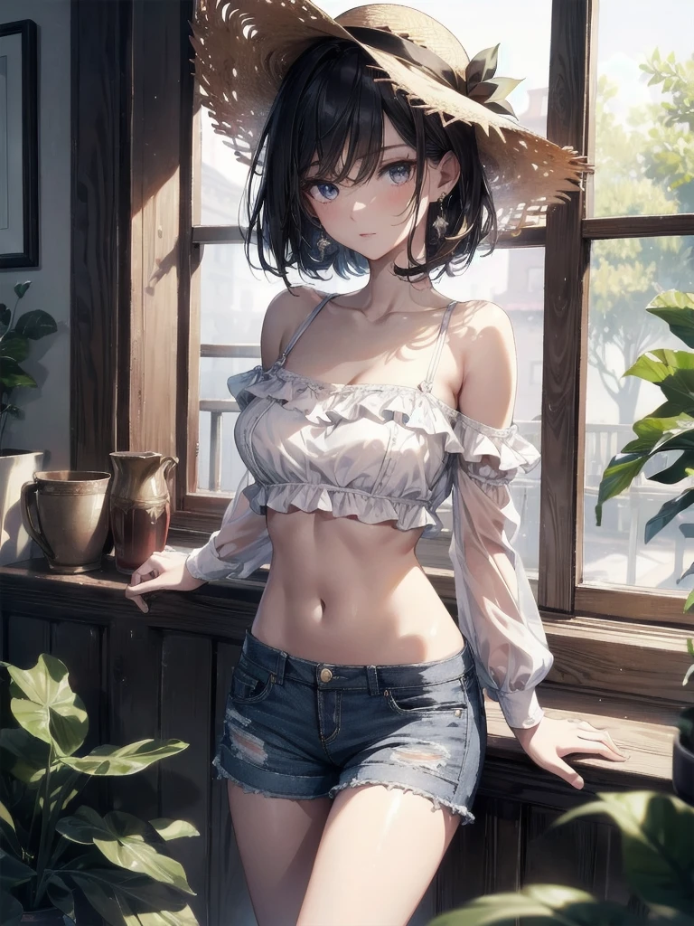 absurdres, RAW photo, extremely delicate and beautiful, masterpiece, Best Quality, ultra high resolution, 32k, hyperrealistic, ultra-detailed, perfect anatomy, super Detailed skin, perfect figure, Super Beauty, Perfect Style, Perfect balance, Beautiful Lighting, Perfect Lightning, Realistic Shadows, 20 years old, very Slim body, narrow waist, very small head, very small face, delicate facial features, handsome detailed woman, very detailed eyes and face, realistic face proportions, Realistic beautiful face, Realistic beautiful eyes, tearful mole, earring, very huge round breasts, legs, medium hair, full body shot, indoor, blouse, bare collarbone, midriff, shorts, straw hat,
