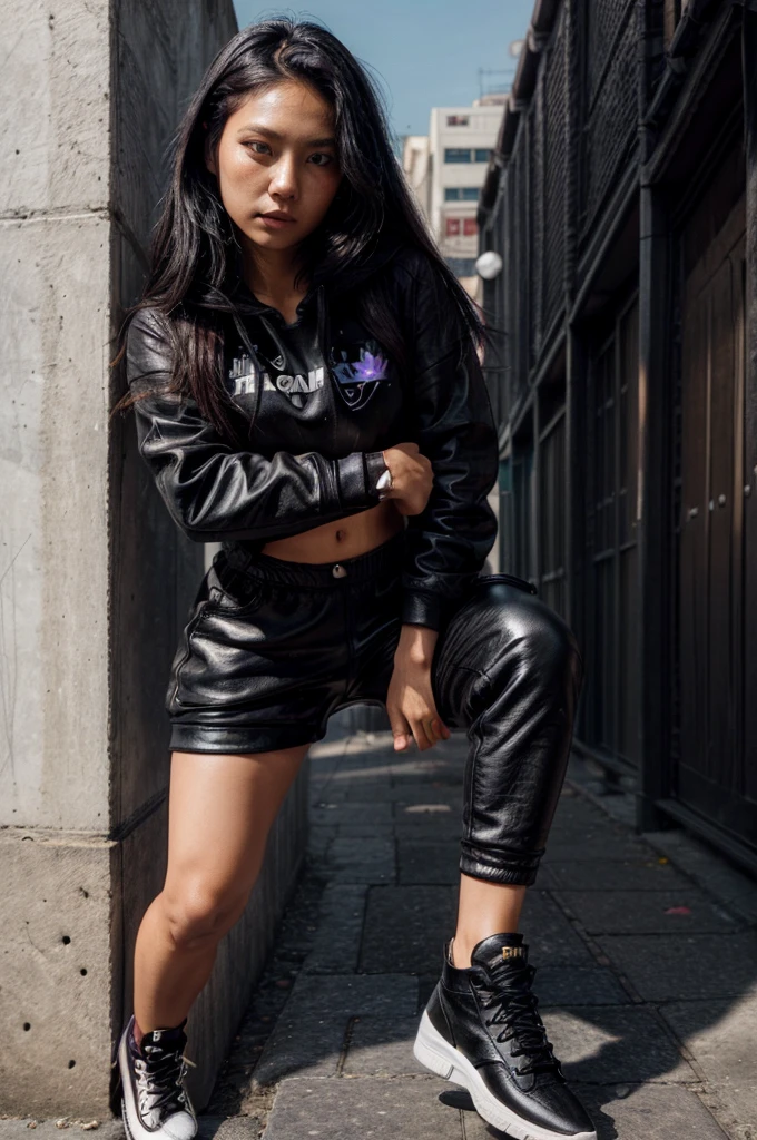 [[((young attractive Singaporean woman with strong Chinese Asian influence, a brown tanned complexion, long straight dark black hair dyed purple, striking almond-shaped dark brown eyes, and a  frame:1.6)), ((Sophie Tan:1.5)), standing against a graffiti-covered wall, wearing ((a black cropped hoodie, black leather pants, and black sneakers:1.6)). She is striking a casual pose with one hand in her pocket and the other arm hanging naturally. The background features a colorful graffiti wall. The scene is captured with a ((full-frame DSLR:1.4)) using a ((24-70mm zoom lens:1.4)) to keep Sophie in sharp focus while slightly blurring the background. Professional lighting enhances her natural features and the edgy outfit. The image should be in ((8K resolution:1.5)) with ((hyper-realistic detail:1.6)). The focus is on Sophie’s trendy street style, her relaxed pose, and the vibrant graffiti setting.]]
