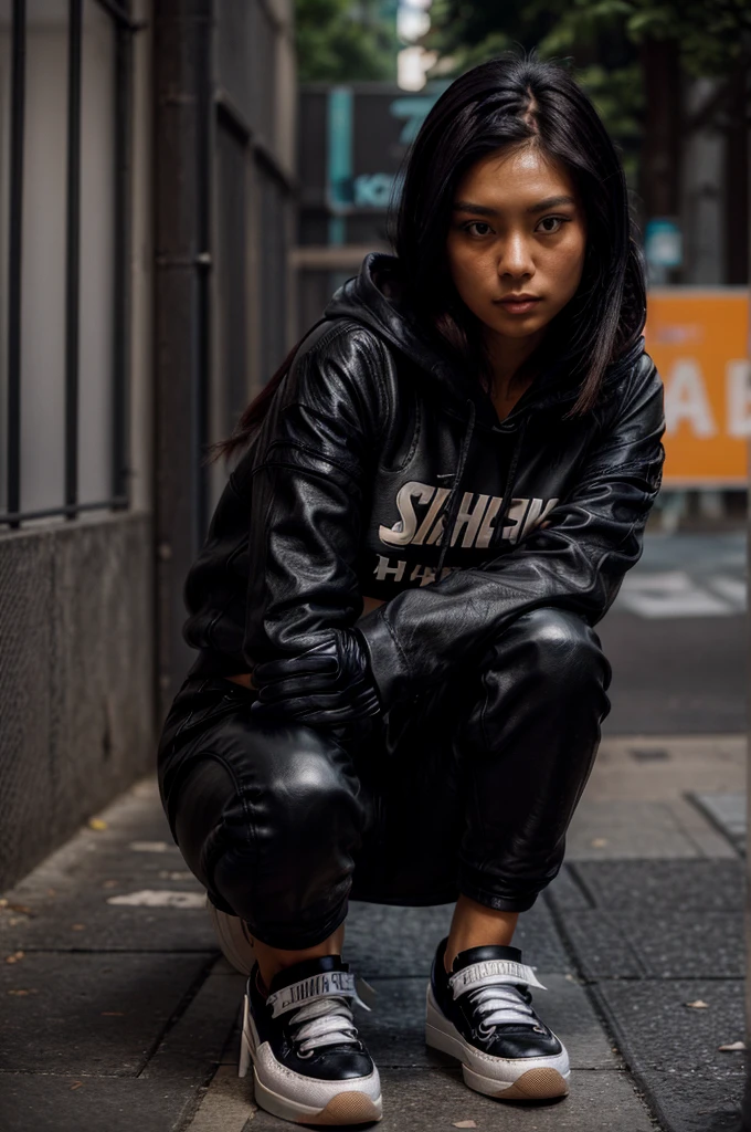 [[((young attractive Singaporean woman with strong Chinese Asian influence, a brown tanned complexion, long straight dark black hair dyed purple, striking almond-shaped dark brown eyes, and a  frame:1.6)), ((Sophie Tan:1.5)), standing against a graffiti-covered wall, wearing ((a black cropped hoodie, black leather pants, and black sneakers:1.6)). She is striking a casual pose with one hand in her pocket and the other arm hanging naturally. The background features a colorful graffiti wall. The scene is captured with a ((full-frame DSLR:1.4)) using a ((24-70mm zoom lens:1.4)) to keep Sophie in sharp focus while slightly blurring the background. Professional lighting enhances her natural features and the edgy outfit. The image should be in ((8K resolution:1.5)) with ((hyper-realistic detail:1.6)). The focus is on Sophie’s trendy street style, her relaxed pose, and the vibrant graffiti setting.]]