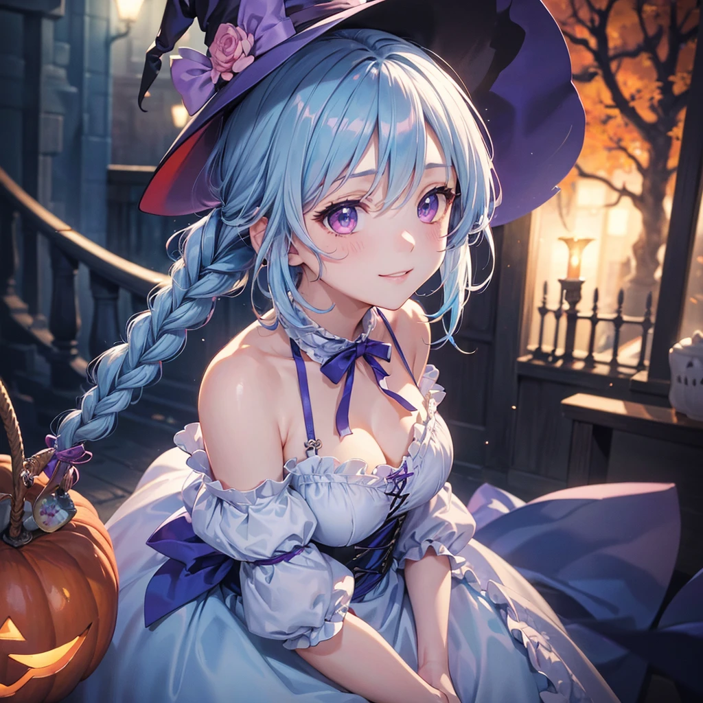 (Light blue medium hair),(Braided hair tied together)、Pink eyes、Fair skin、cowboy shot、Halloween、The background is a pumpkin ghost、Trick or Treat、A lot of sweets、witch、Halloweenナイトパーティー、Candy、Cosplay、A surprising smile、solo、(masterpiece、Highest quality、Very detailed、Best Shadow)、(Detailed Background)、(Beautifully detailed face)、High contrast、(Best lighting、Very delicate and beautiful)、(Cinematic Light)、colorful、Hyper Detail、Dramatic Light、Exquisite detail、