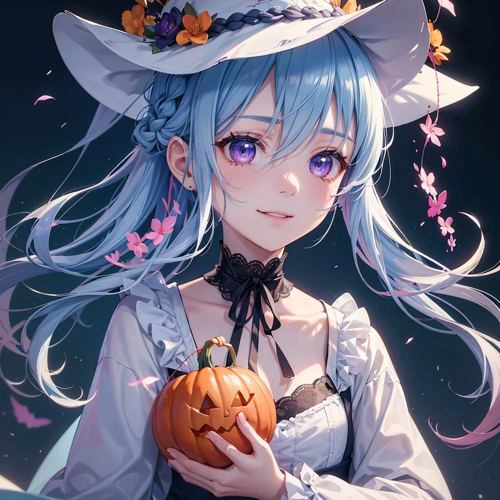 (Light blue medium hair),(Braided hair tied together)、Pink eyes、Fair skin、cowboy shot、Halloween、The background is a pumpkin ghost、Trick or Treat、A lot of sweets、witch、Halloweenナイトパーティー、Candy、Cosplay、A surprising smile、solo、(masterpiece、Highest quality、Very detailed、Best Shadow)、(Detailed Background)、(Beautifully detailed face)、High contrast、(Best lighting、Very delicate and beautiful)、(Cinematic Light)、colorful、Hyper Detail、Dramatic Light、Exquisite detail、
