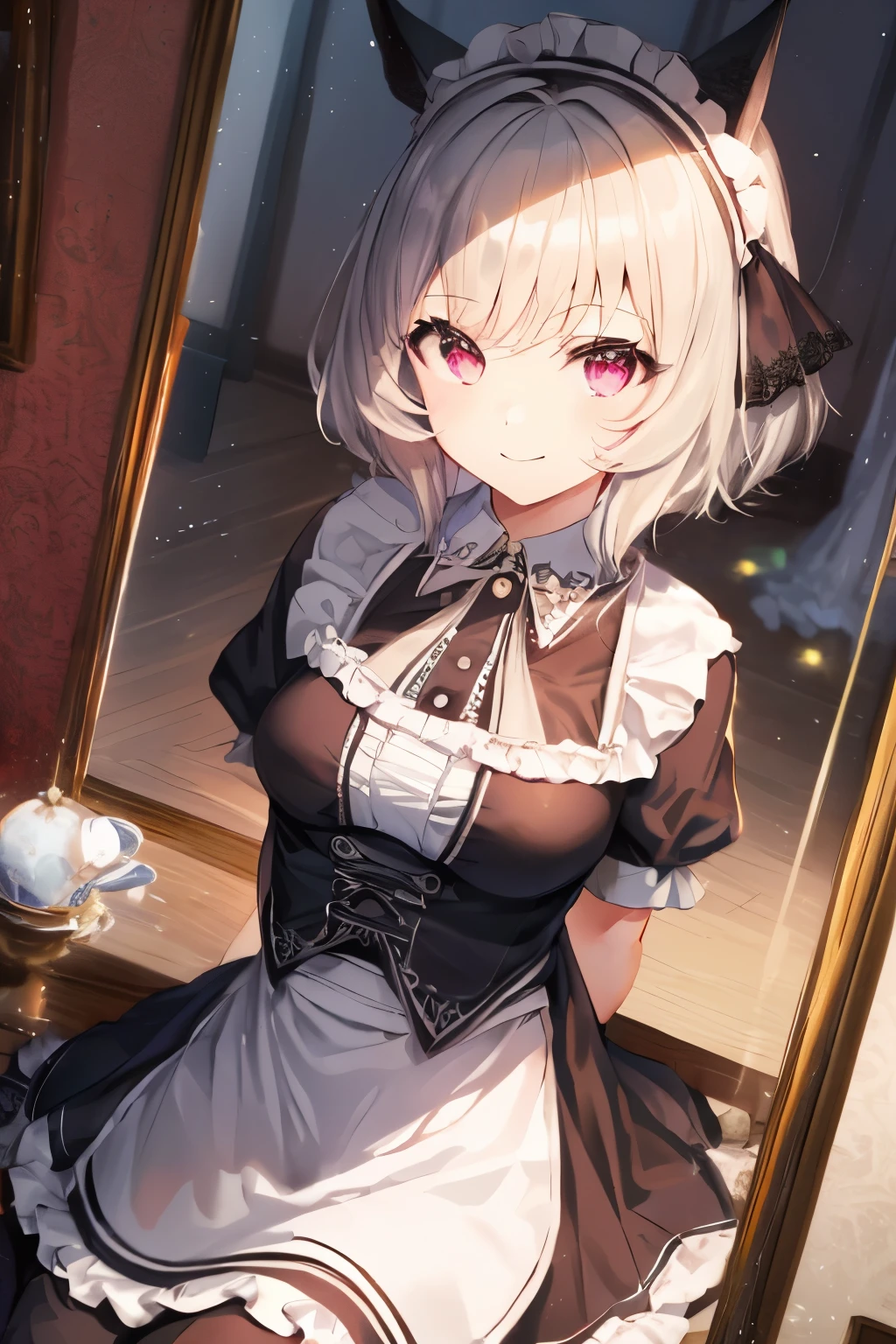 (Tabletop.Highest quality).(Dynamic Angle). (CG paintings with attention to detail),(Perfect Image)、Comic Strip.shape.1 Girl.Detailed face、Perfect Face.Delicate face、((Gothic Lolita maid outfit))((Gothic Lolita maid outfitを着た可愛くて繊細な女の子))、(((Small breasts)))Rough skin、White Hair.Short Hair、((Beautiful red eyes)).繊細でBeautiful Eyes、Beautiful Eyes、Reflected Eyes、smile.(Looking at the audience:1.3).(Face is a little red:0.8)、8k wallpaper、Cowboy Shot、reflected light、Most detailed、Complex、Rough skin、Fine skin、(Super Resolution)、