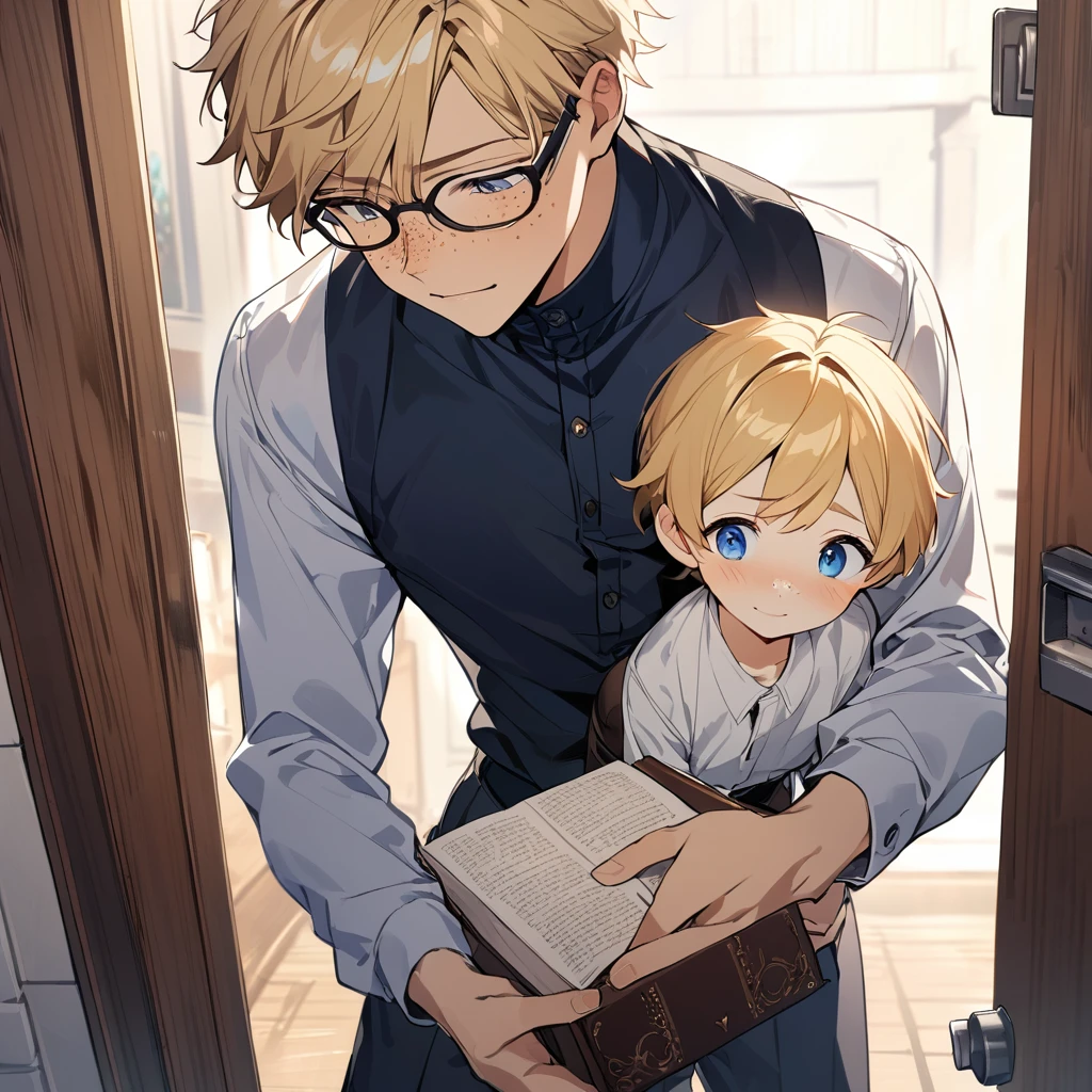 1 boy, solo, twink, younger male, 18 years old, freckles, blue eyes, blonde, glasses, shy smile, white shirt, holding a bible, dress pants, fancy shoes, in front of a door, exterior, detailed face, detailed body, detailed image, girly, close up to face