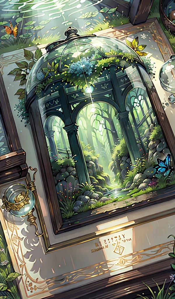 (masterpiece, Highest quality:1.2), (Very detailed),(shape), wallpaper, original, Round bottom flask, Grass, vine, water, butterfly, nature, The Shining, Enveloped in Light, Terrarium, RPG Style, Cartoonish, Fantasy, Mobile Games,(The Shining)